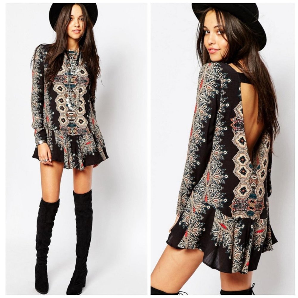 Free People Black Floral Paisley Mini Dress with Open Back